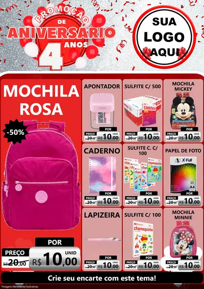 Modelo de Encarte para Encarte A4 Vertical com o tema Promoção de Aniversário - 4 Anos para Papelaria
