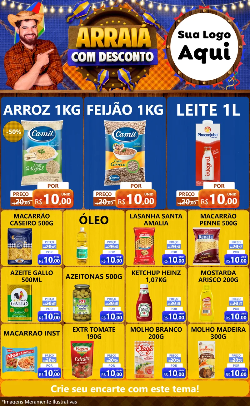 Modelo de Encarte para Encarte Grande com o tema Arraiá Com Desconto para Supermercado