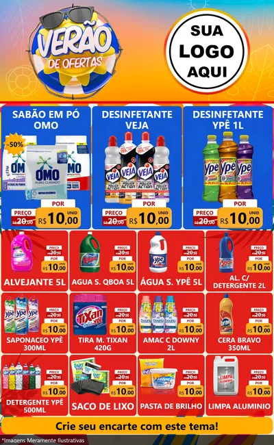 Modelo de Encarte para Encarte Grande com o tema Verão de Ofertas para Produtos de Limpeza