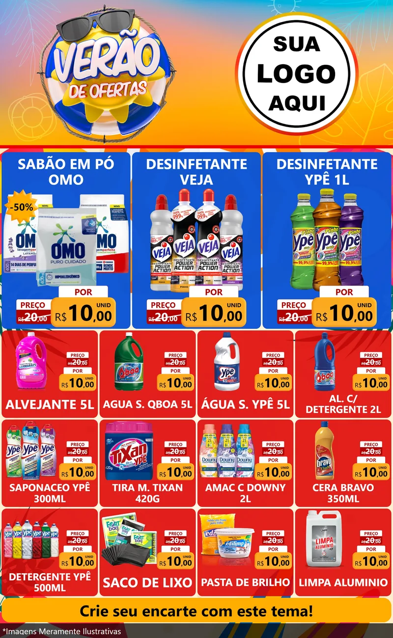 Modelo de Encarte para Encarte Grande com o tema Verão de Ofertas para Produtos de Limpeza