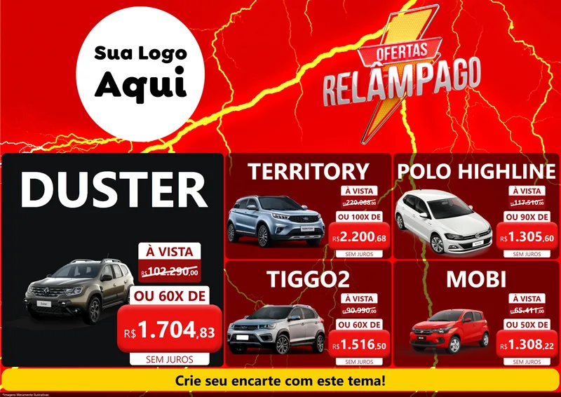 Modelo de Encarte para Encarte A4 Horizontal com o tema Ofertas Relâmpago para Concessionaria de Carros