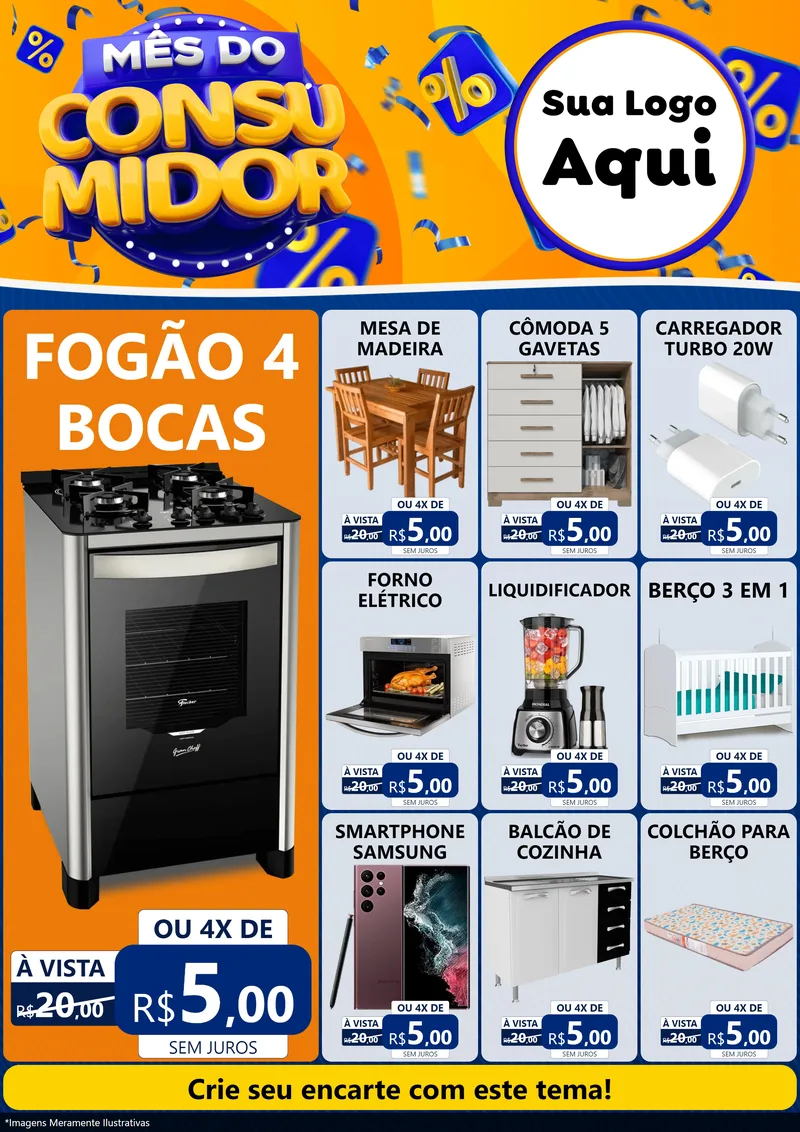 Modelo de Encarte para Encarte A4 Vertical com o tema Mês do Consumidor para Móveis e Eletro