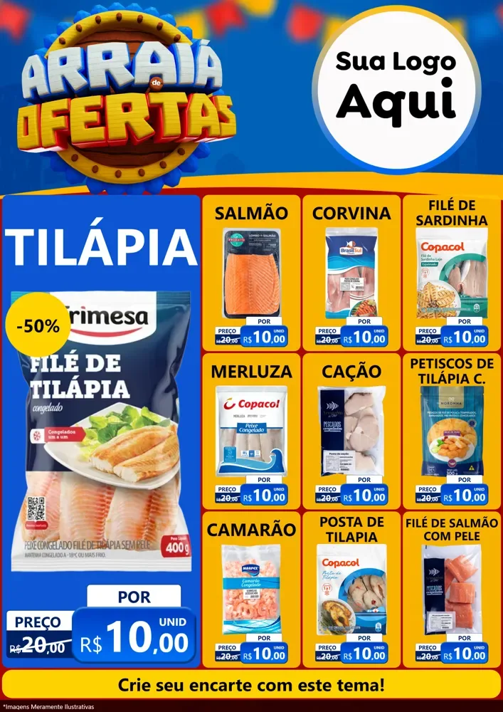 Modelo de Encarte para Encarte A4 Vertical com o tema Arraiá de Ofertas - Junina para Peixaria