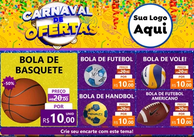 Modelo de Encarte para Encarte A4 Horizontal com o tema Carnaval de Ofertas para Artigos Esportivos