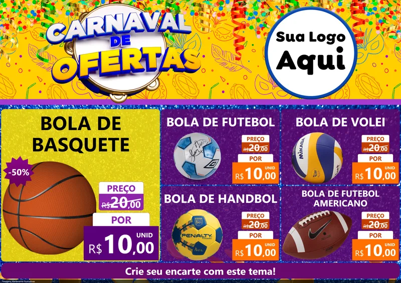 Modelo de Encarte para Encarte A4 Horizontal com o tema Carnaval de Ofertas para Artigos Esportivos