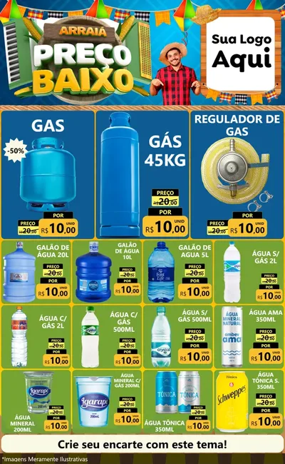 Modelo de Encarte para Encarte Grande com o tema Arraiá de Preço Baixo - Junina para Água e gás