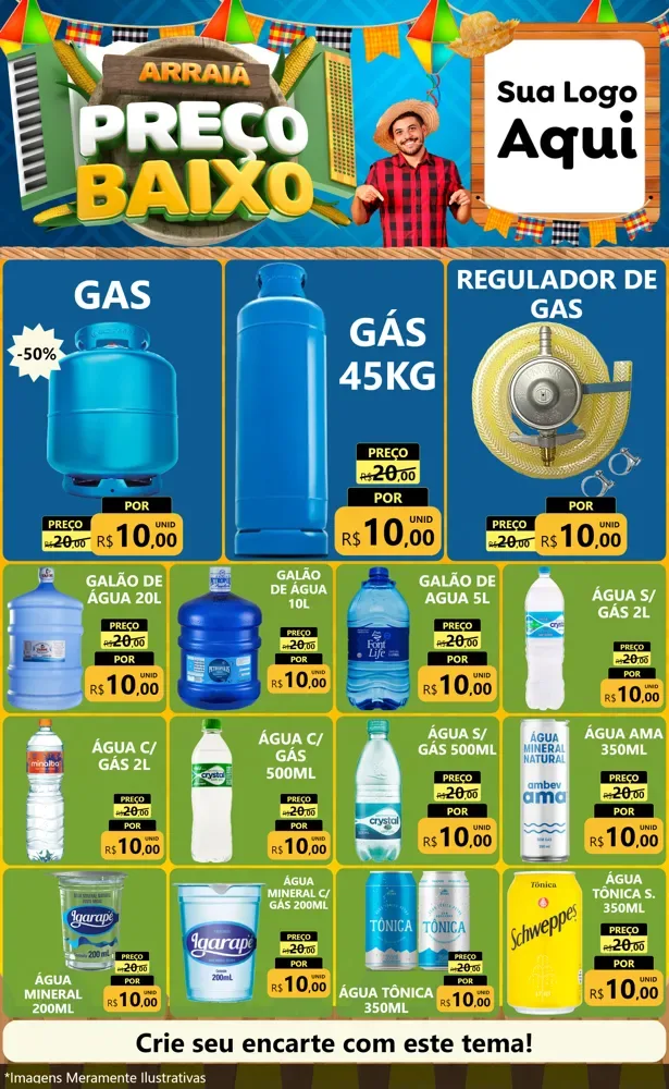 Modelo de Encarte para Encarte Grande com o tema Arraiá de Preço Baixo - Junina para Água e gás