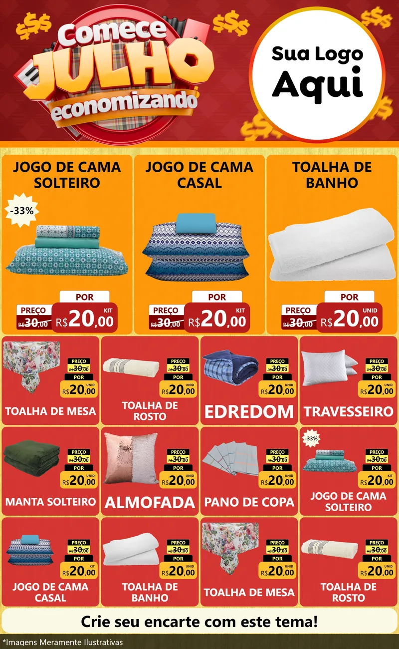 Modelo de Encarte para Encarte Grande com o tema Comece Julho Economizando para Cama, Mesa e Banho
