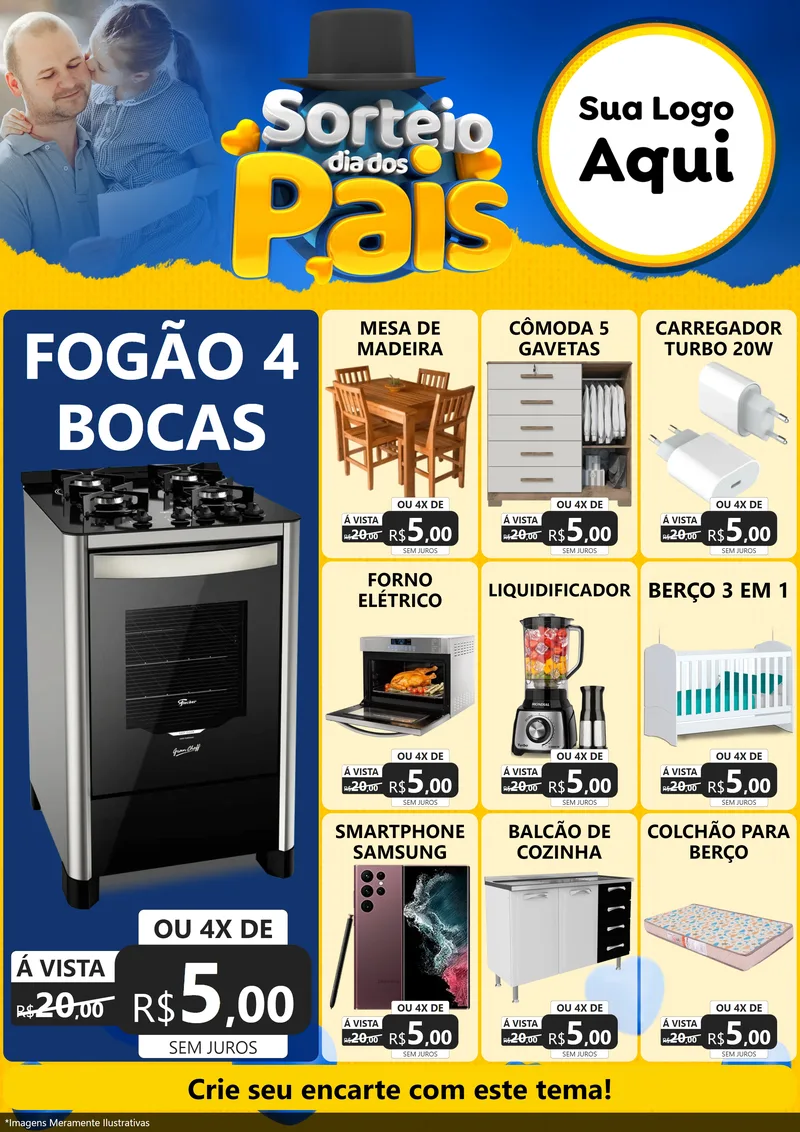 Modelo de Encarte para Encarte A4 Vertical com o tema Sorteio Dia Dos Pais para Móveis e Eletro