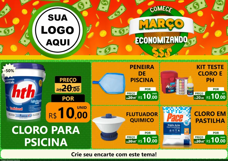 Modelo de Encarte para Encarte A4 Horizontal com o tema Comece Março Economizando para Produtos para Piscina