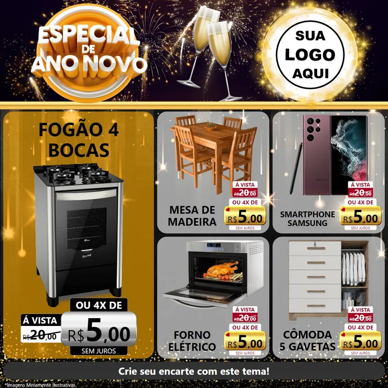 Modelo de Rede Social para Feed Facebook com o tema Especial de Ano Novo para Móveis e Eletro