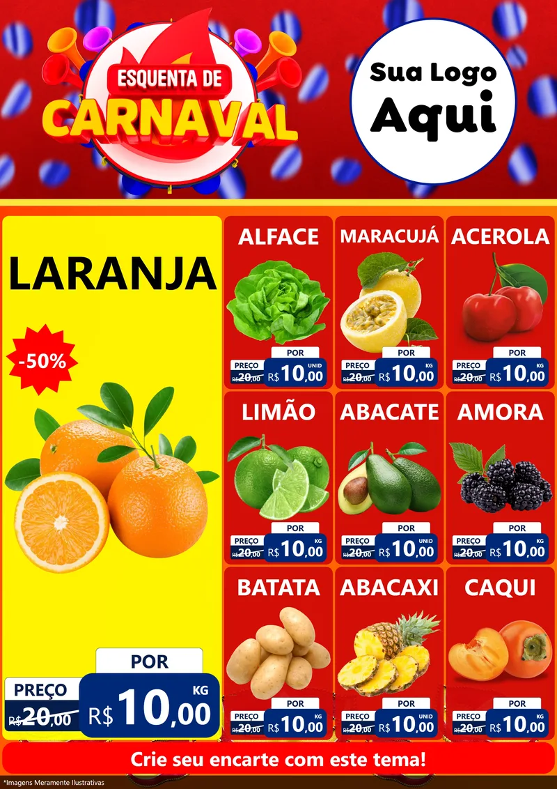 Modelo de Encarte para Encarte A4 Vertical com o tema Esquenta de Carnaval para Hortifrúti