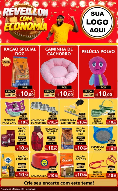 Modelo de Encarte para Encarte Grande com o tema Réveillon com Economia para Pet Shop