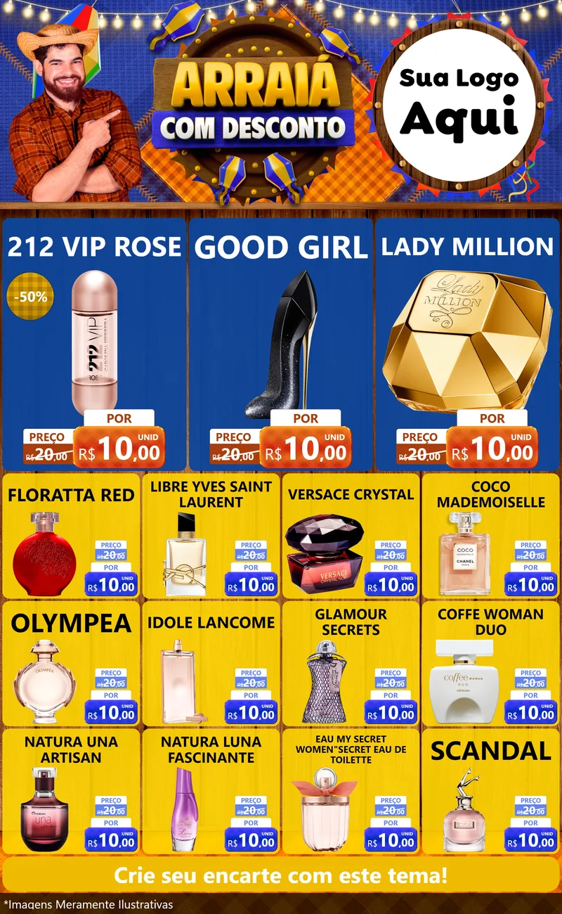 Modelo de Encarte para Encarte Grande com o tema Arraiá Com Desconto para Perfumes