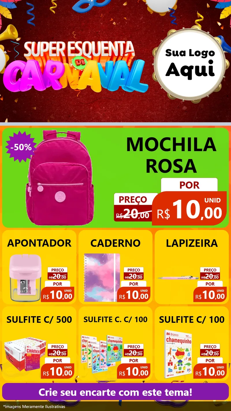 Modelo de Rede Social para Stories com o tema Super Esquenta de Carnaval para Papelaria