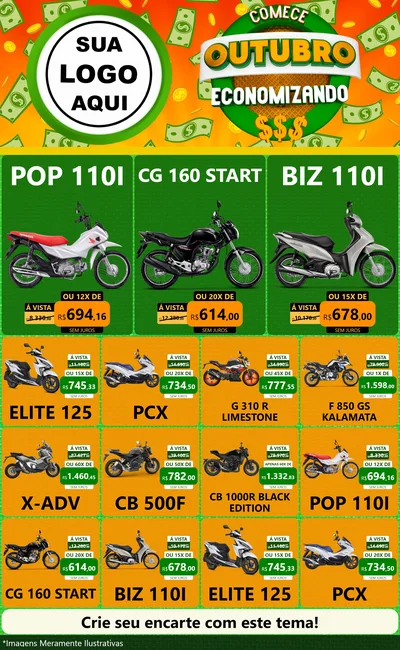 Modelo de Encarte para Encarte Grande com o tema Comece Outubro Economizando para Concessionaria de Motos