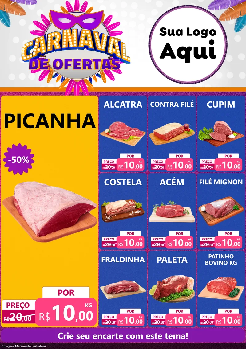 Modelo de Encarte para Encarte A4 Vertical com o tema Carnaval de Ofertas para Açougue