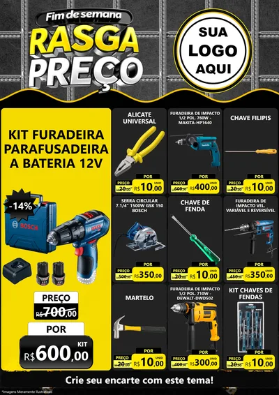 Modelo de Encarte para Encarte A4 Vertical com o tema Fim de Semana Rasga Preço para Maquinas e Ferramentas