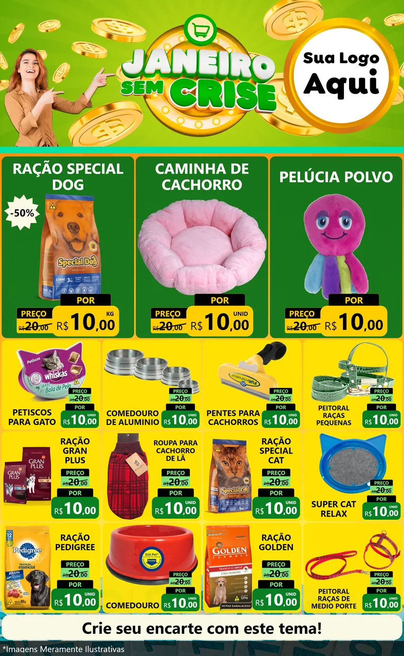 Modelo de Encarte para Encarte Grande com o tema Janeiro Sem Crise para Pet Shop