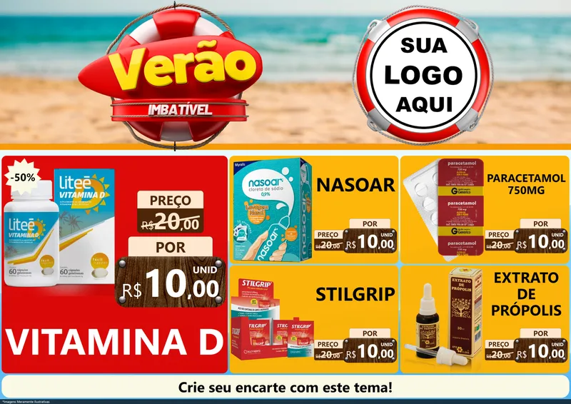 Modelo de Encarte para Encarte A4 Horizontal com o tema Verão Imbatível para Farmácia