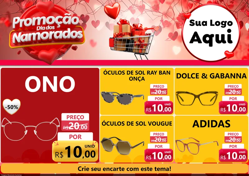 Modelo de Encarte para Encarte A4 Horizontal com o tema Promoção Dia dos Namorados para Óticas