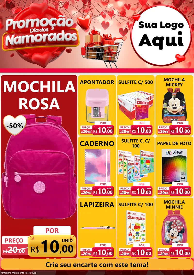 Modelo de Encarte para Encarte A4 Vertical com o tema Promoção Dia dos Namorados para Papelaria