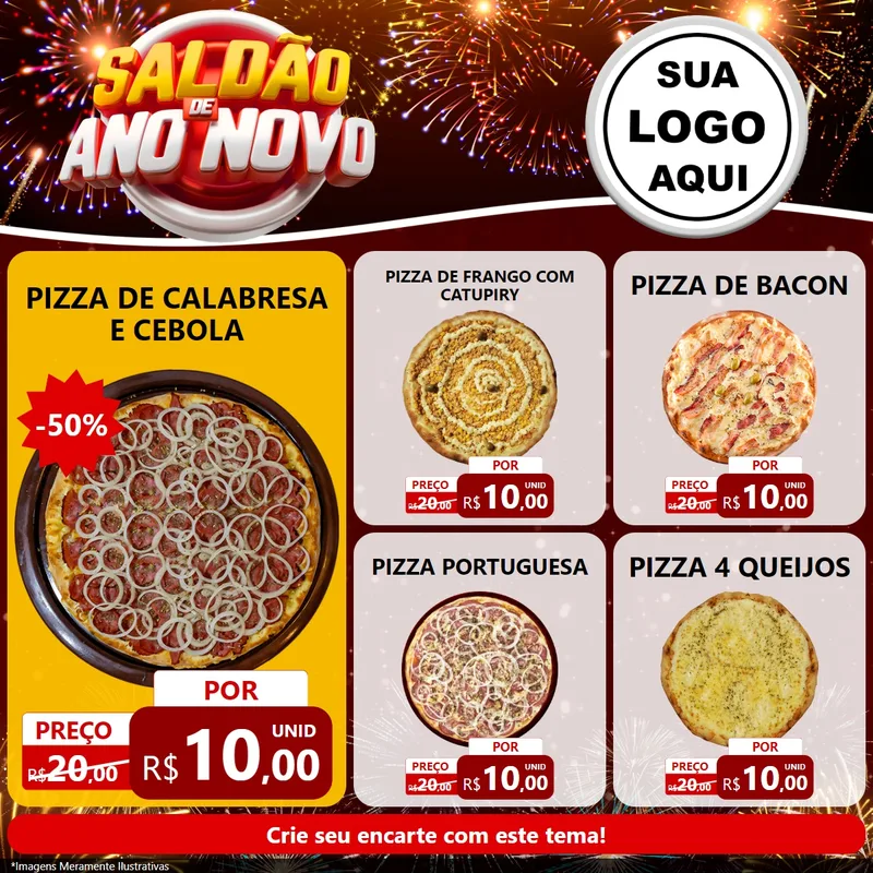 Modelo de Rede Social para Feed Facebook com o tema Saldão de Ano Novo para Pizzaria