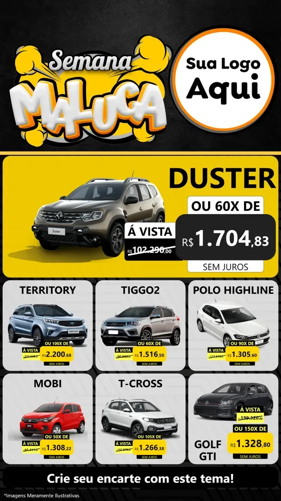 Modelo de Rede Social para Stories com o tema Semana Maluca para Concessionaria de Carros
