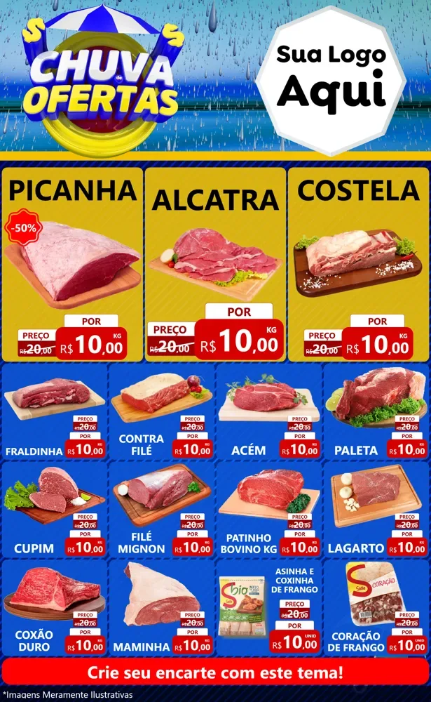 Modelo de Encarte para Encarte Grande com o tema Chuva de Ofertas para Açougue