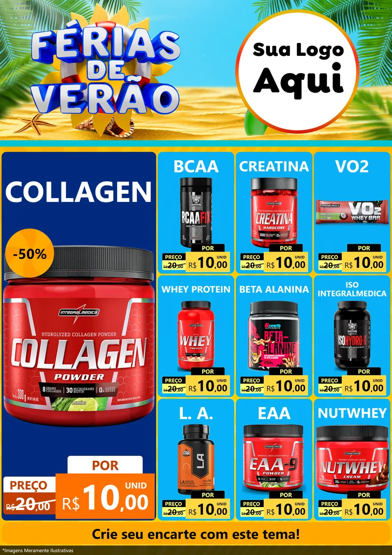 Modelo de Encarte para Encarte A4 Vertical com o tema Férias de Verão para Suplementos alimentares
