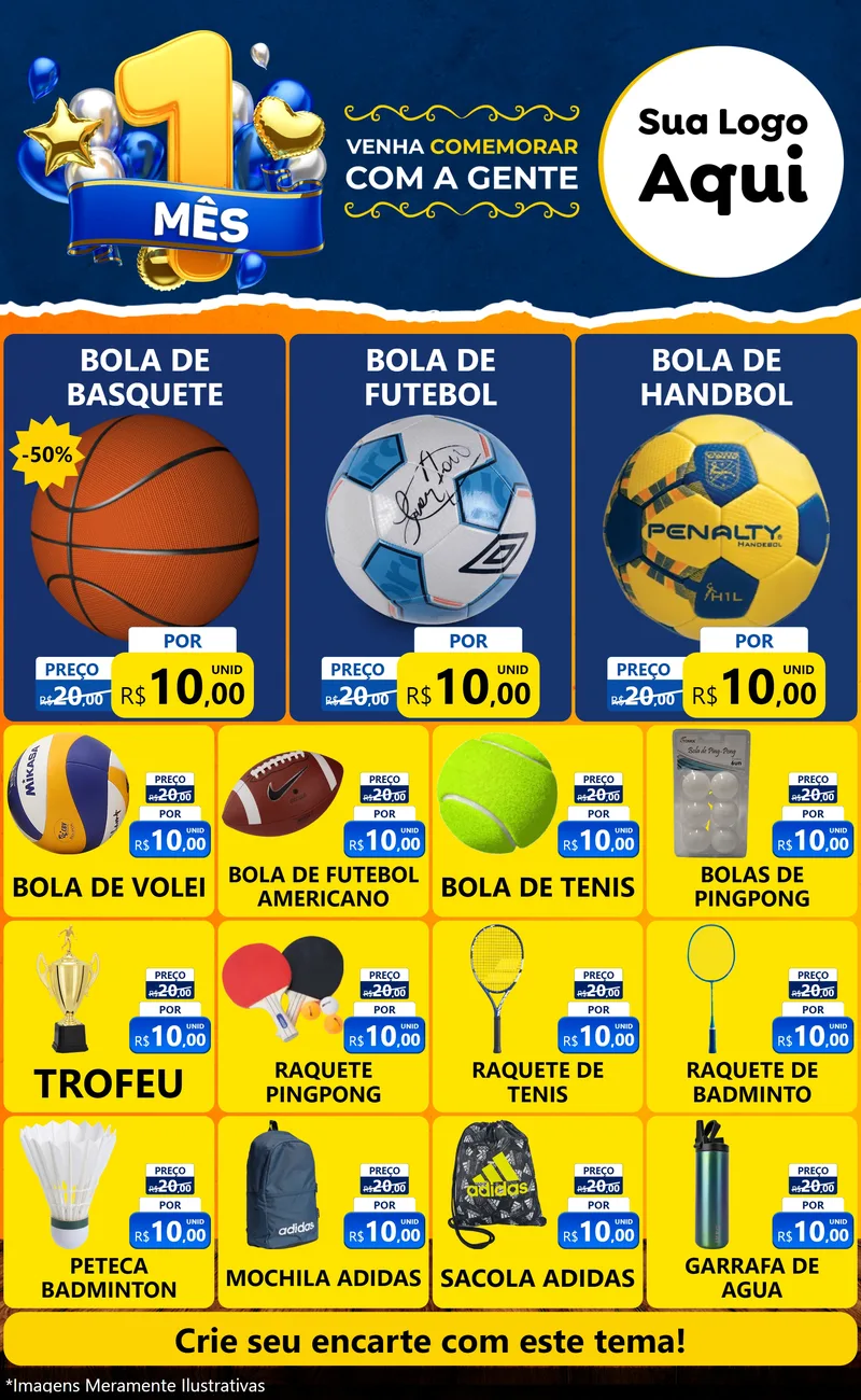 Modelo de Encarte para Encarte Grande com o tema Um Mês de Aniversário para Artigos Esportivos