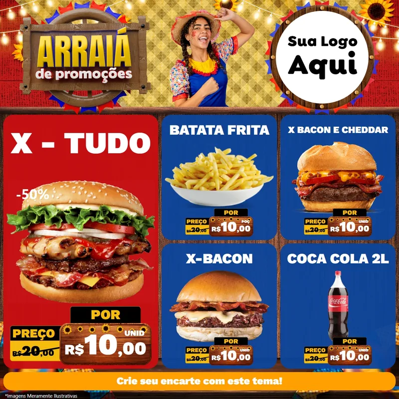 Modelo de Rede Social para Feed Facebook com o tema Arraiá de Promoções para Hamburgueria