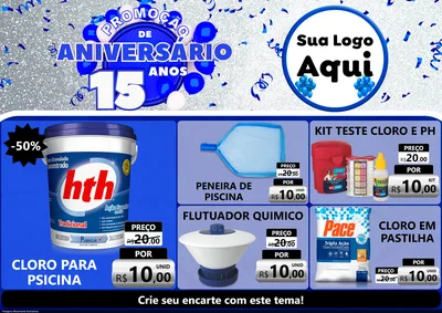 Modelo de Encarte para Encarte A4 Horizontal com o tema Promoção de Aniversário - 15 Anos para Produtos para Piscina
