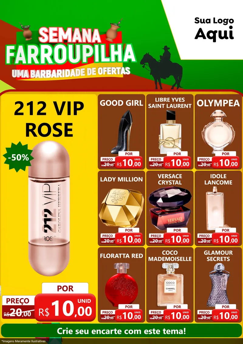 Modelo de Encarte para Encarte A4 Vertical com o tema Semana Farroupilha - Uma Barbaridade de Ofertas para Perfumes