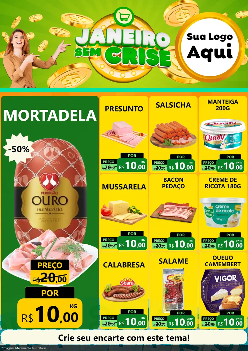 Modelo de Encarte para Encarte A4 Vertical com o tema Janeiro Sem Crise para Frios e Laticínios