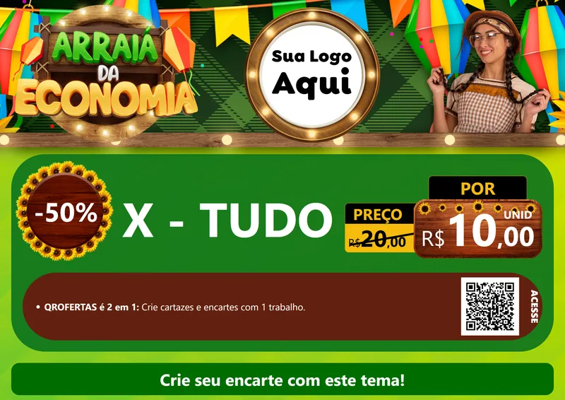 Modelo de Cartaz para Cartaz A4 Horizontal com o tema Arraiá de Economia para Hamburgueria
