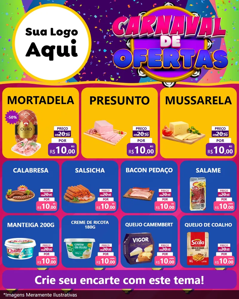 Modelo de Rede Social para Feed Instagram com o tema Carnaval de Ofertas para Frios e Laticínios