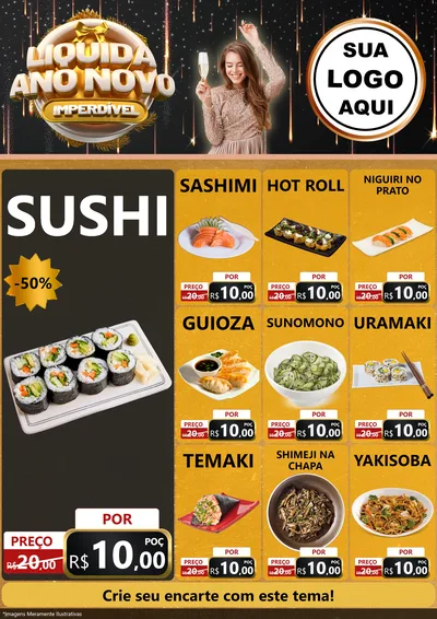 Modelo de Encarte para Encarte A4 Vertical com o tema Liquida Ano Novo Imperdível para Comida japonesa
