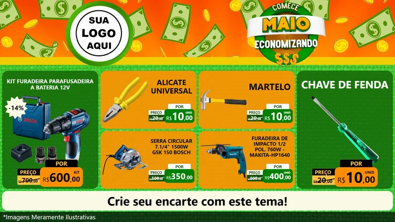 Modelo de TV para TV Horizontal com o tema Comece Maio Economizando para Maquinas e Ferramentas