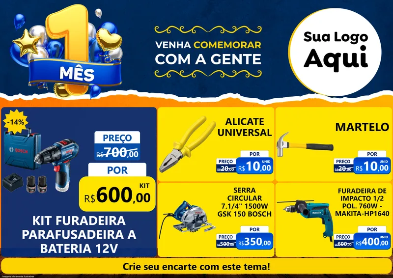 Modelo de Encarte para Encarte A4 Horizontal com o tema Um Mês de Aniversário para Maquinas e Ferramentas