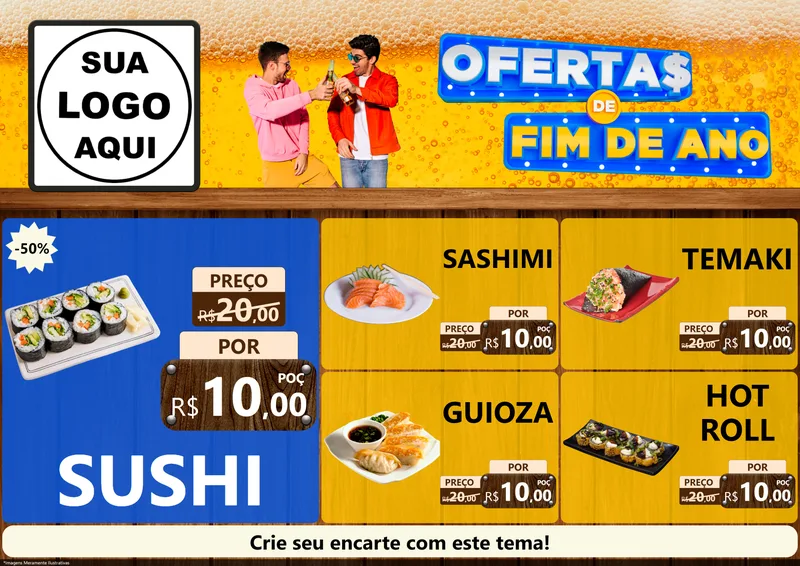 Modelo de Encarte para Encarte A4 Horizontal com o tema Ofertas de Fim de Ano para Comida japonesa