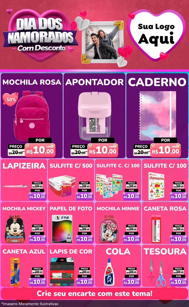 Modelo de Encarte para Encarte Grande com o tema Dia Dos Namorados Com Desconto para Papelaria
