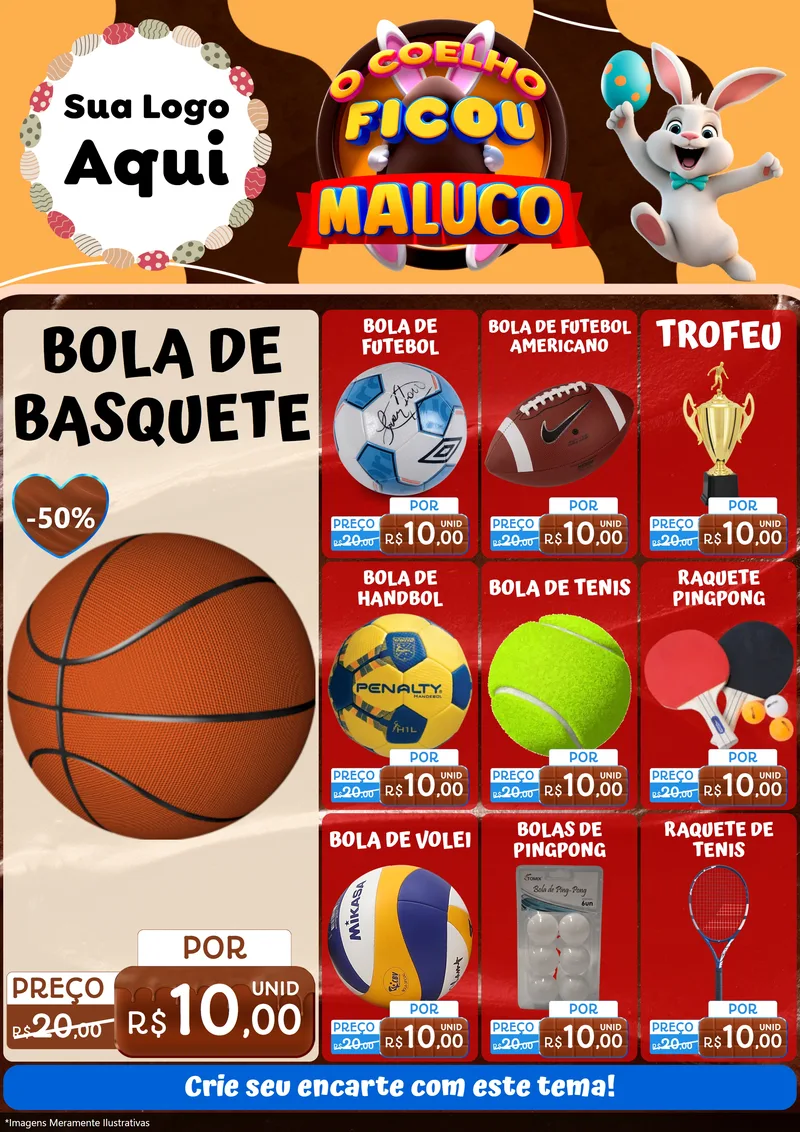 Modelo de Encarte para Encarte A4 Vertical com o tema O Coelho Ficou Maluco - Páscoa para Artigos Esportivos