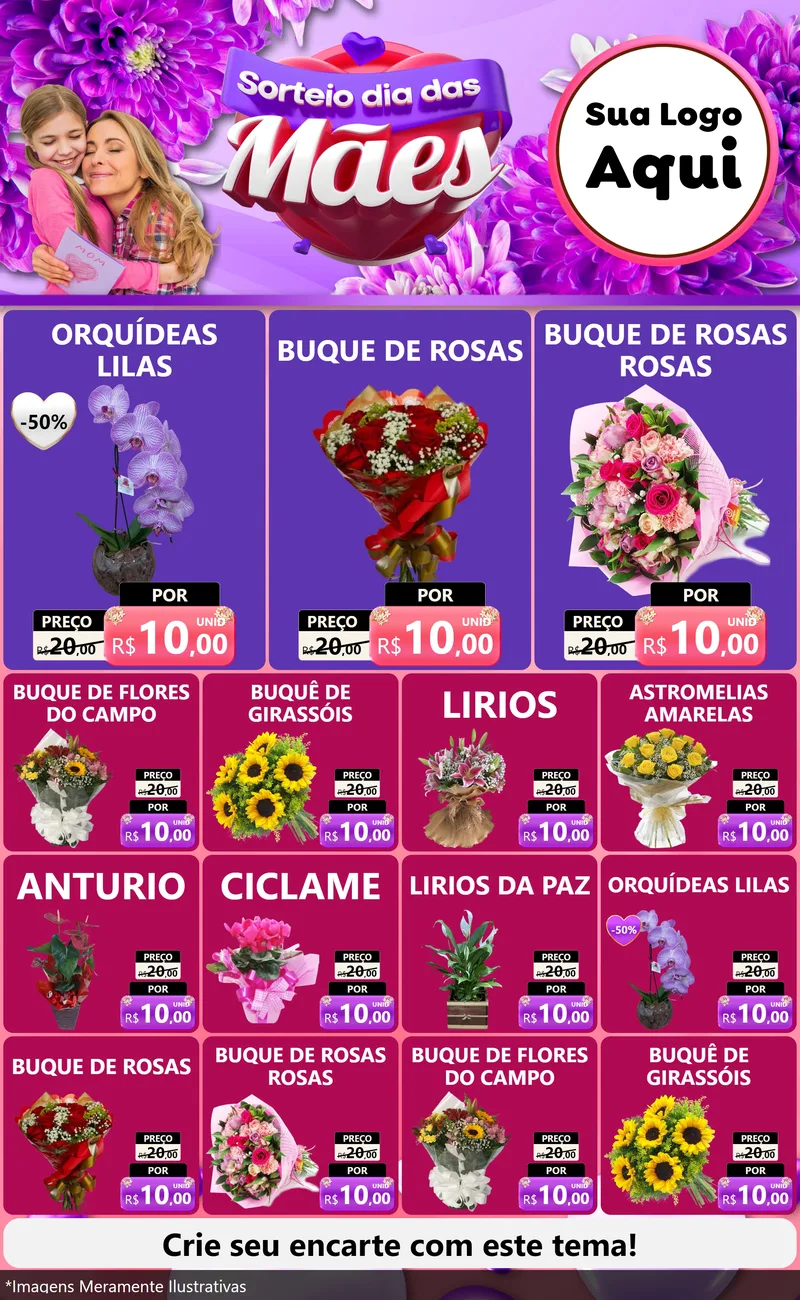 Modelo de Encarte para Encarte Grande com o tema Sorteio Dia das Mães para Floricultura e jardim