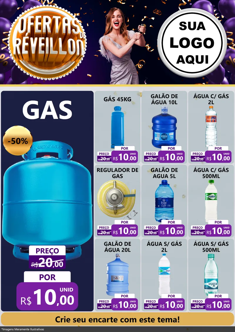 Modelo de Encarte para Encarte A4 Vertical com o tema Ofertas de Réveillon para Água e gás