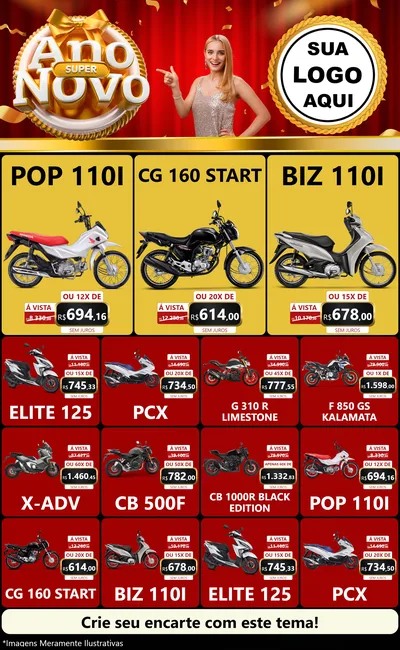 Modelo de Encarte para Encarte Grande com o tema Super Ano Novo para Concessionaria de Motos