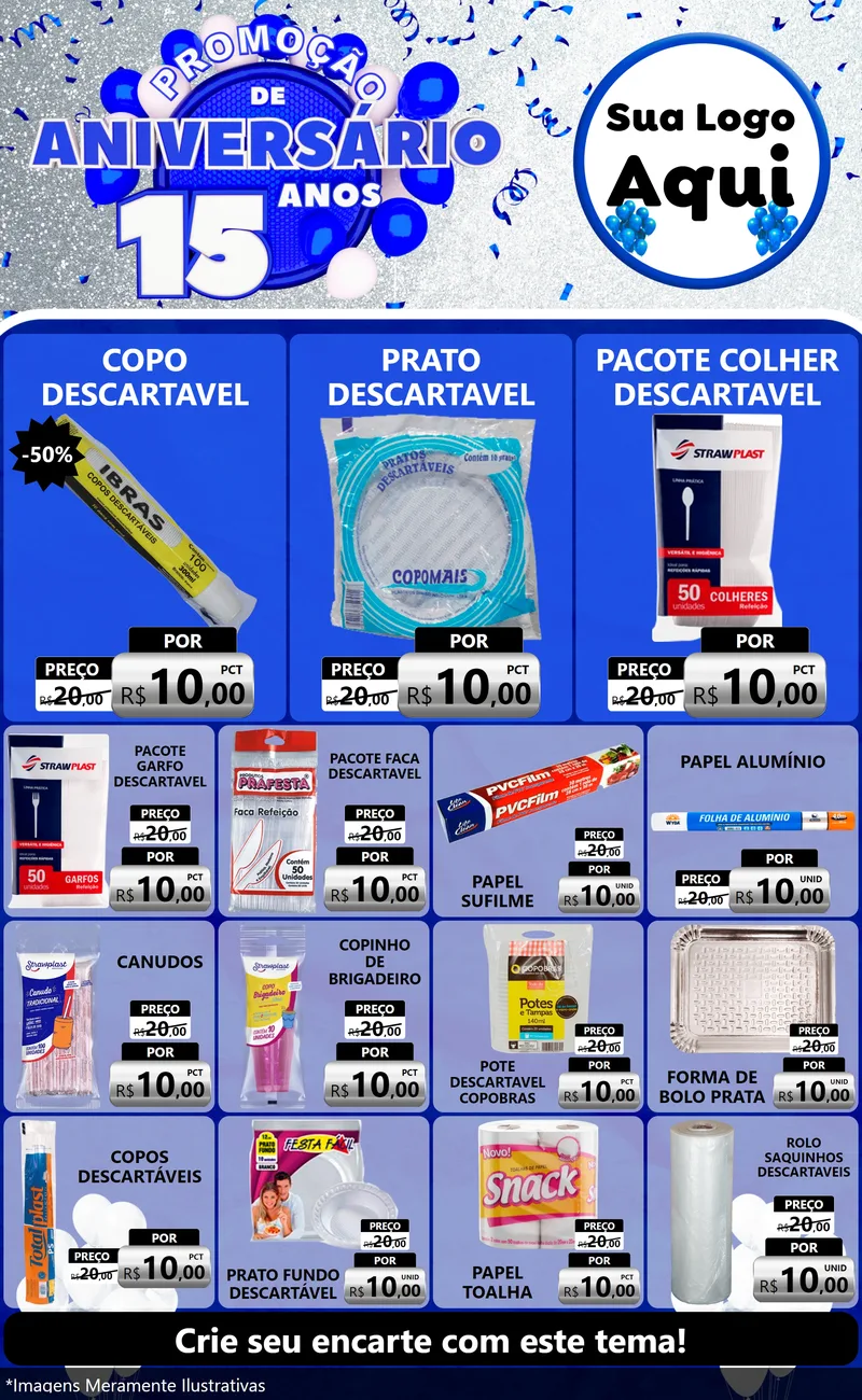 Modelo de Encarte para Encarte Grande com o tema Promoção de Aniversário - 15 Anos para Embalagens