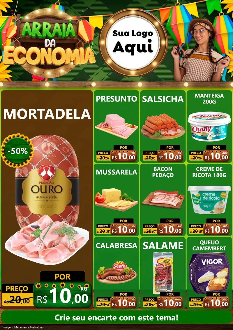Modelo de Encarte para Encarte A4 Vertical com o tema Arraiá de Economia para Frios e Laticínios