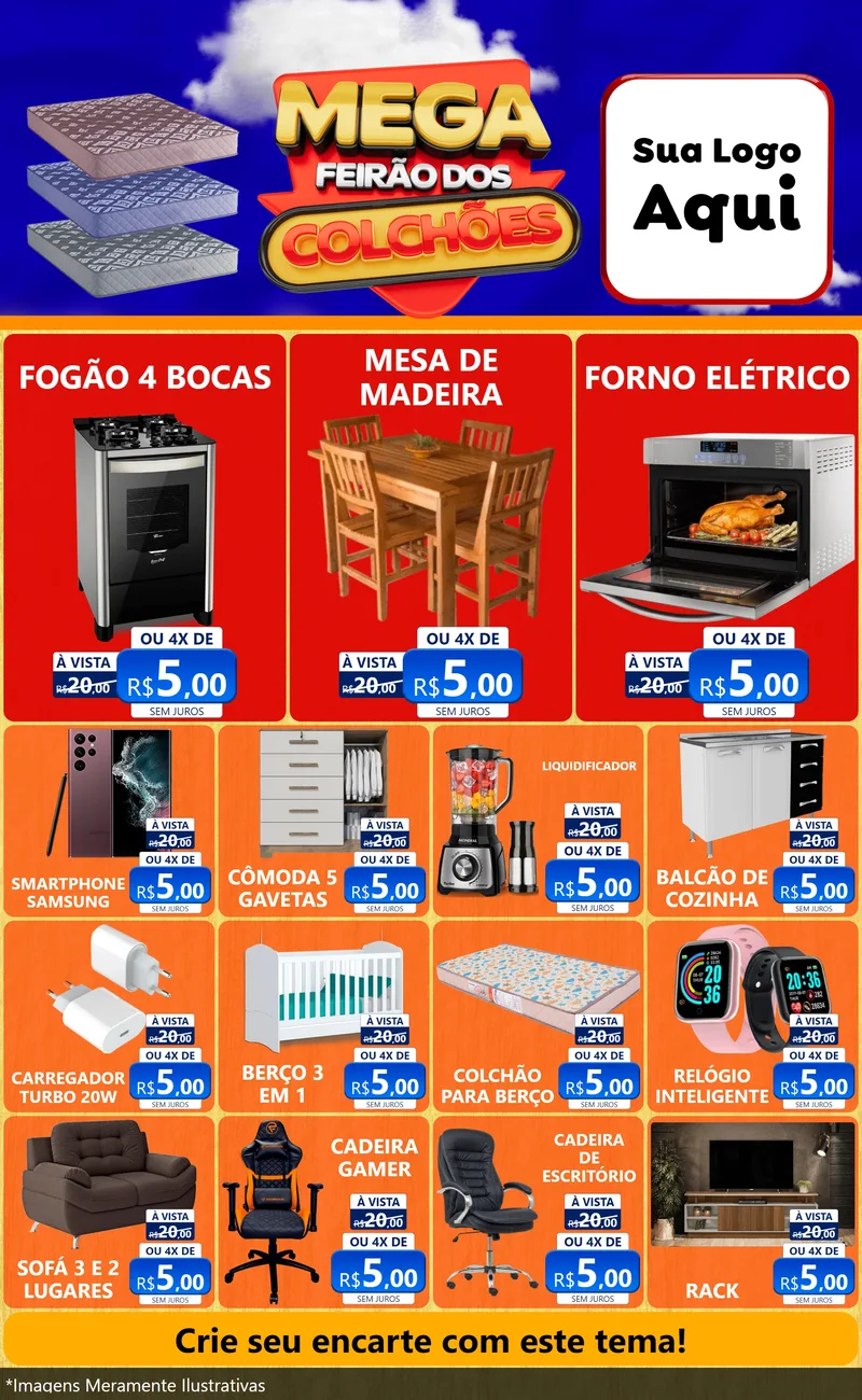 Modelo de Encarte para Encarte Grande com o tema Mega Feirão dos Colchões para Móveis e Eletro