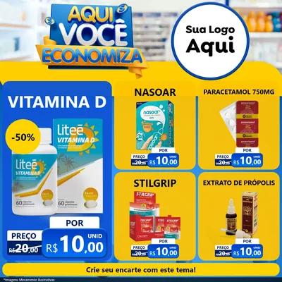 Modelo de Rede Social para Feed Facebook com o tema Aqui Você Economiza para Farmácia